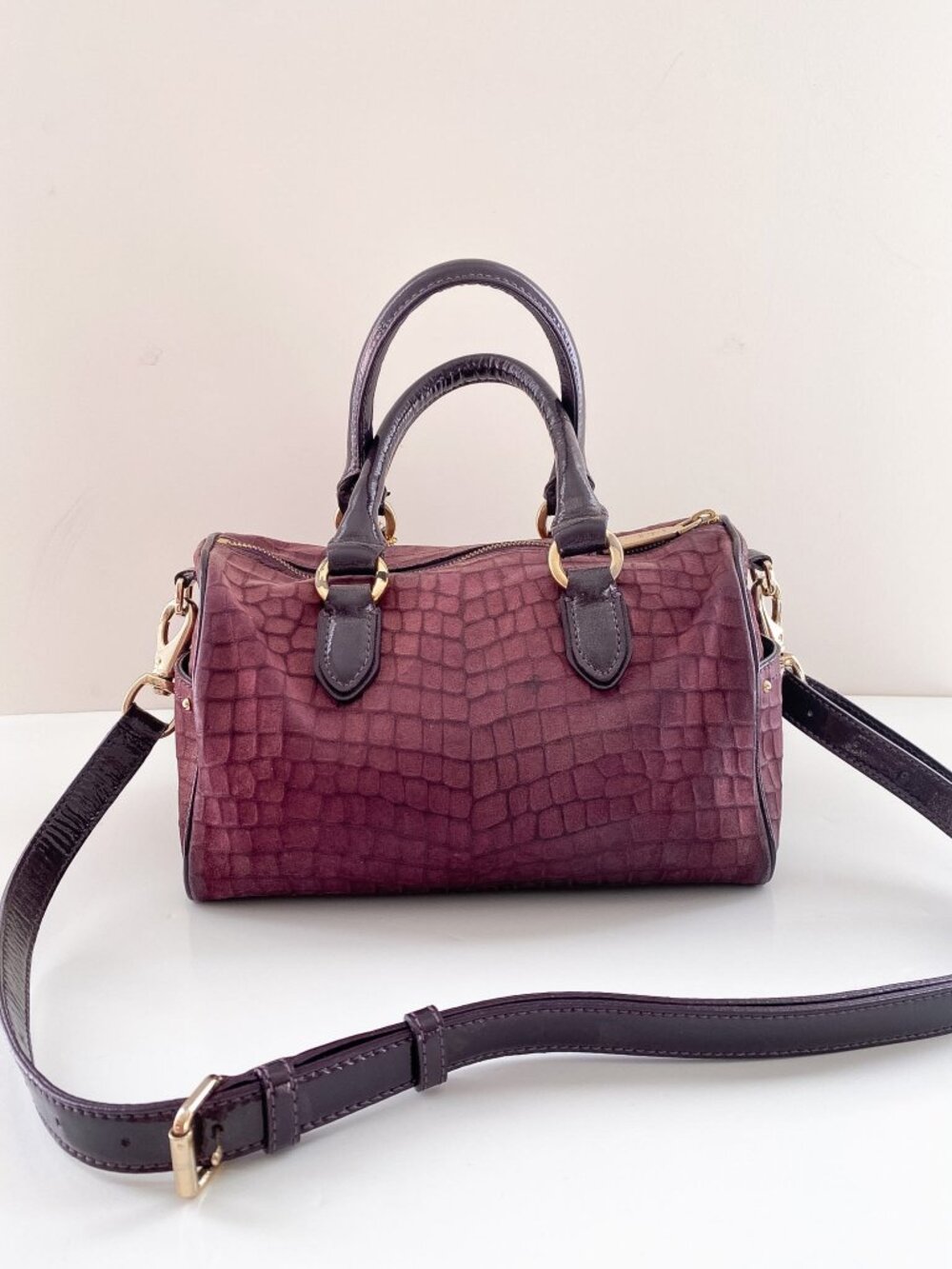 Cole Haan, Barrel Style Handbag, Purple Embossed Suede, Leather Strap/Handles